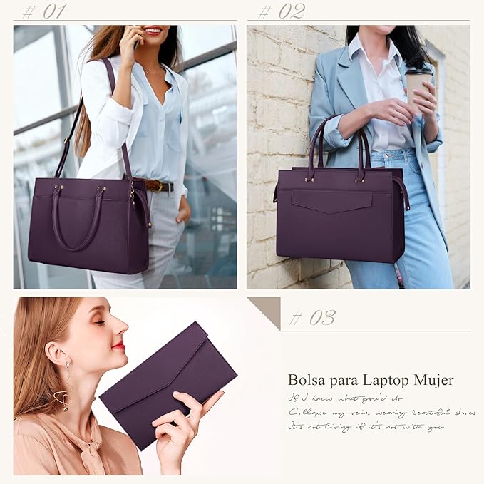 A Bolsa para Laptop Mujer 15.6 Pulgadas 2 Piezas Maletín para Laptop de Cuero Impermeable Bolsa Bandolera para Mujer Tote Bag Grande de Negocios Oficina Viaje (Morado).