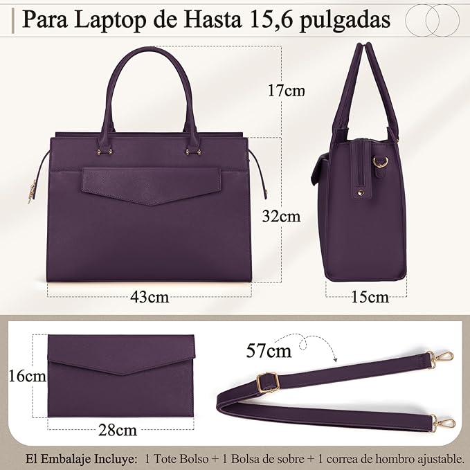 A Bolsa para Laptop Mujer 15.6 Pulgadas 2 Piezas Maletín para Laptop de Cuero Impermeable Bolsa Bandolera para Mujer Tote Bag Grande de Negocios Oficina Viaje (Morado).