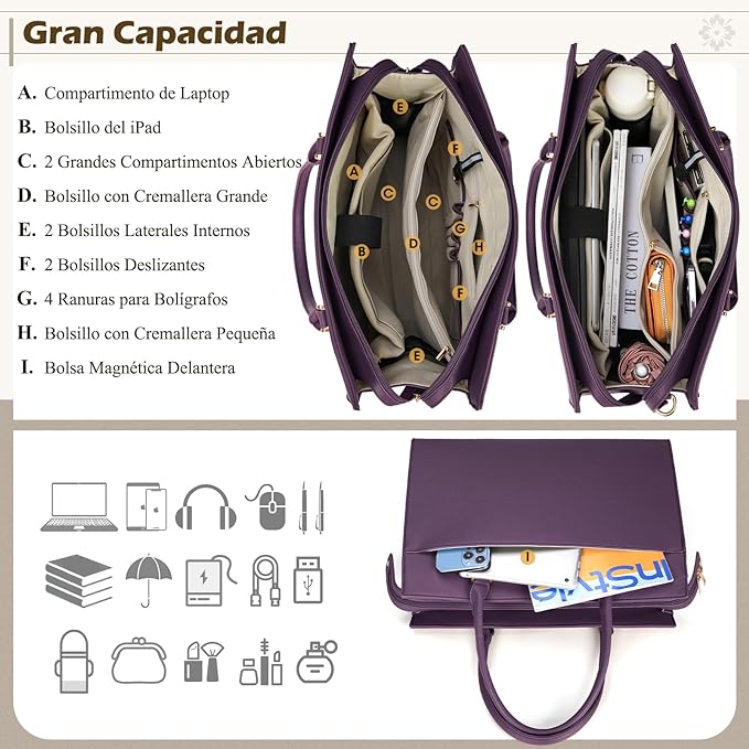A Bolsa para Laptop Mujer 15.6 Pulgadas 2 Piezas Maletín para Laptop de Cuero Impermeable Bolsa Bandolera para Mujer Tote Bag Grande de Negocios Oficina Viaje (Morado).