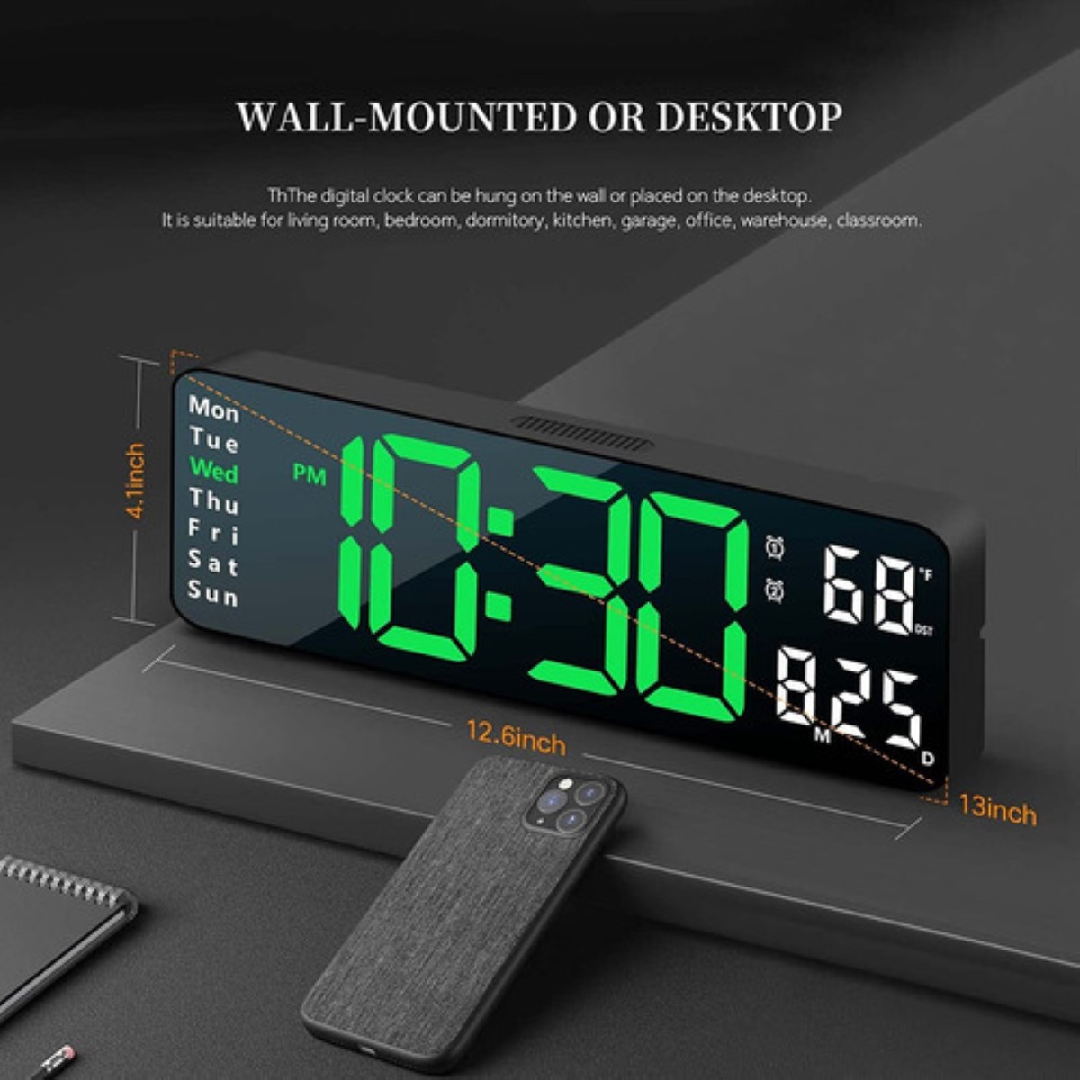 "Reloj De Pared Digital Con Termómetro, Alarmas Y Calendario "