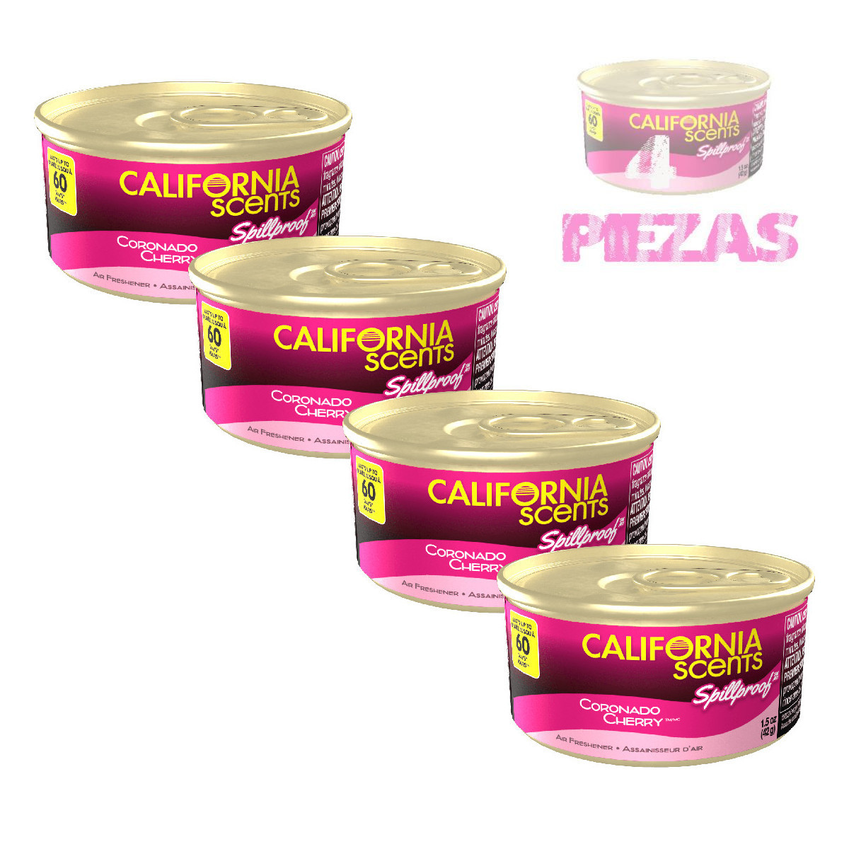4 Pack Aromatizante Auto California Scents Cherry corcho 60 días.