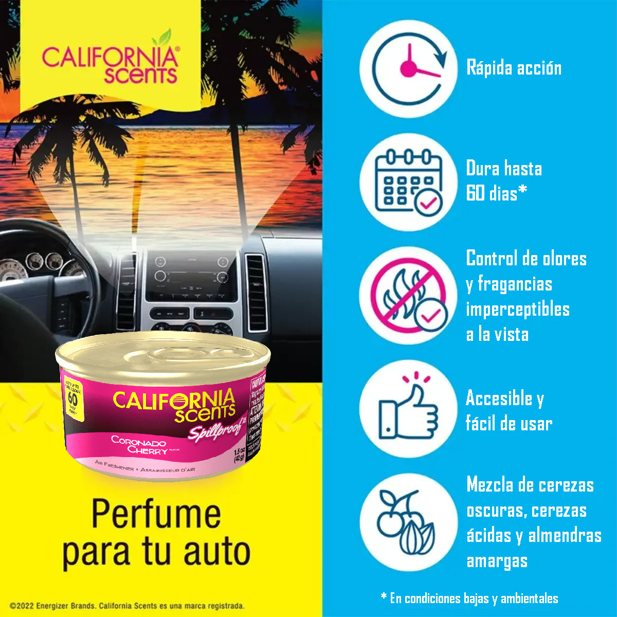 4 Pack Aromatizante Auto California Scents Cherry corcho 60 días.