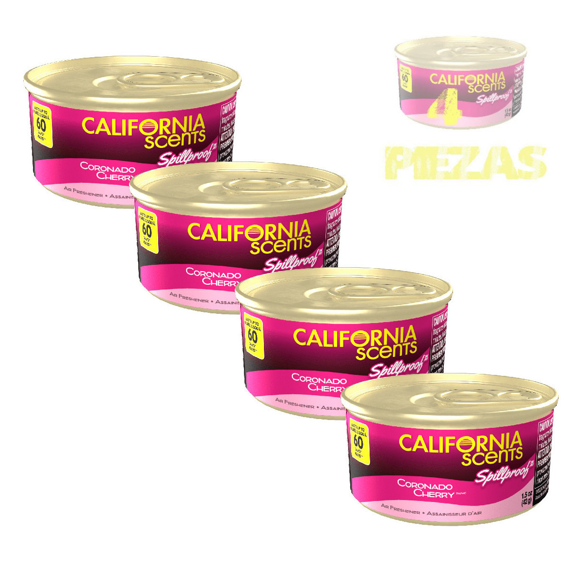 4 Pack Aromatizante Auto California Scents Cherry corcho 60 días.