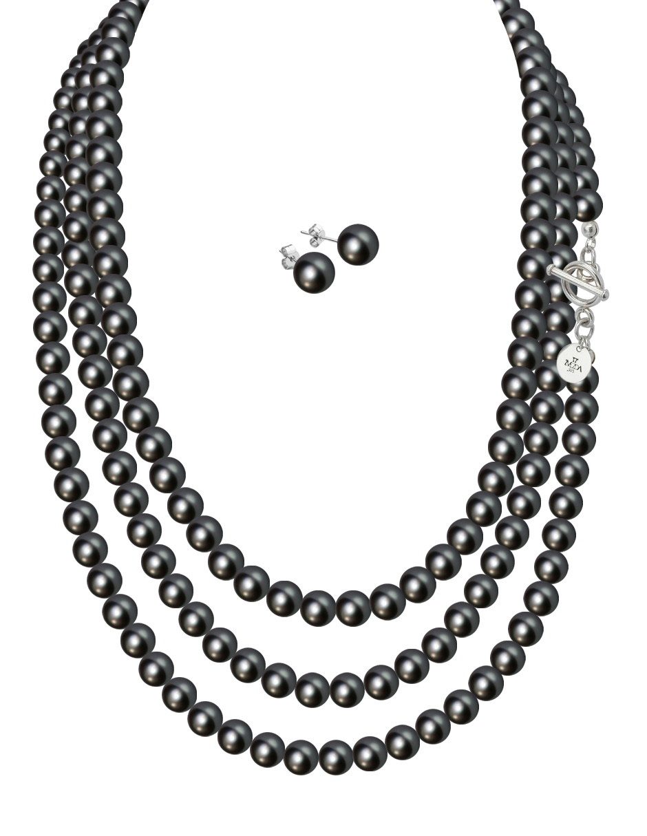 Collar y aretes color Negro Zvezda de plata .925 corte Perlas de cristal