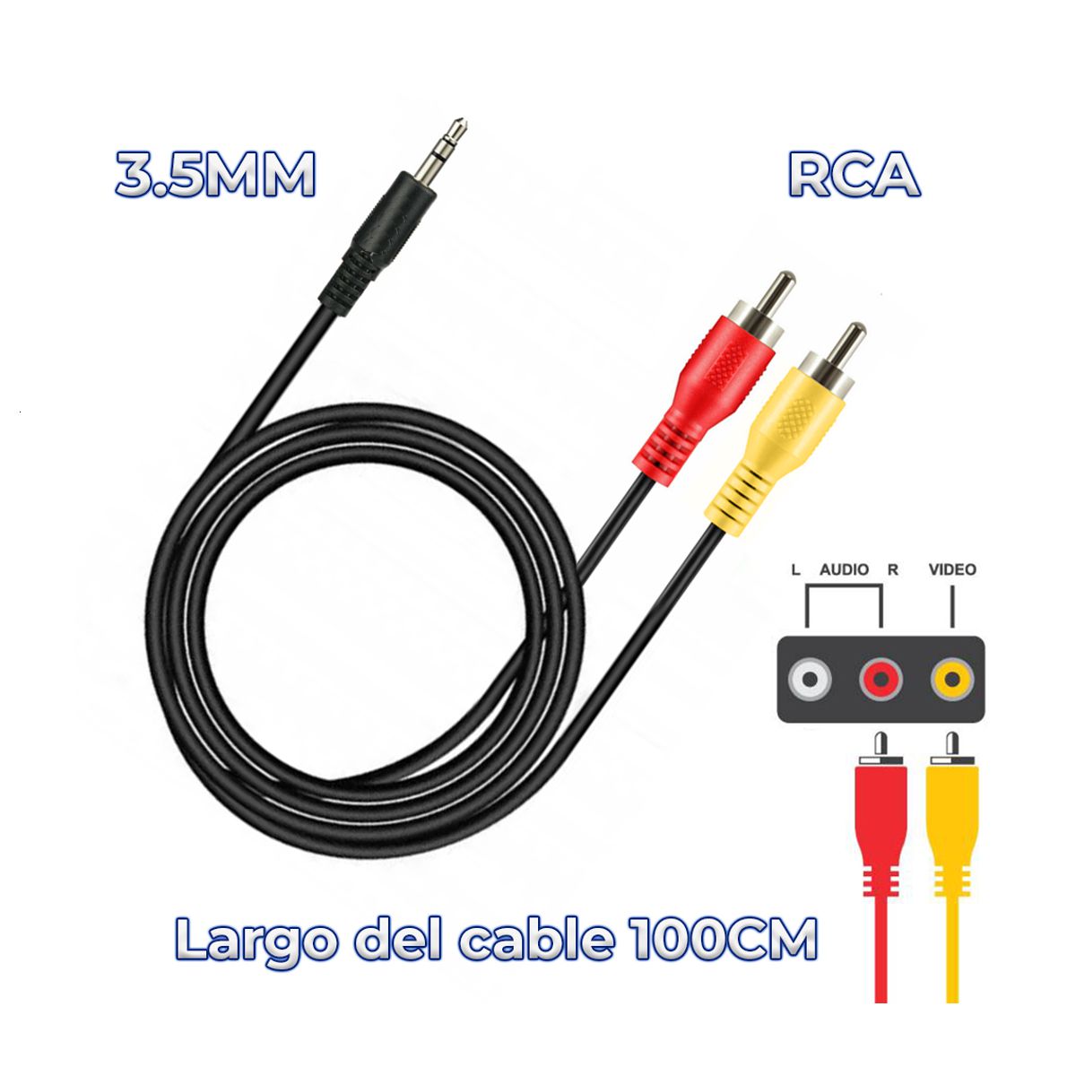 Cable Adaptador de Audio Estereo RCA a 3.5 mm.