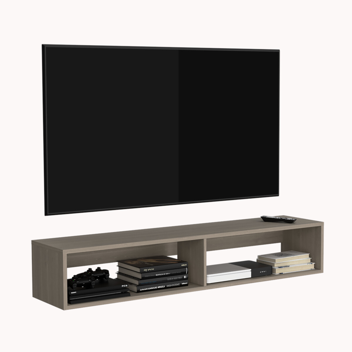 RACK TV ARMABLE TIPO STAND FLOTANTE PARA PANTALLA DE 55 PULGADAS.