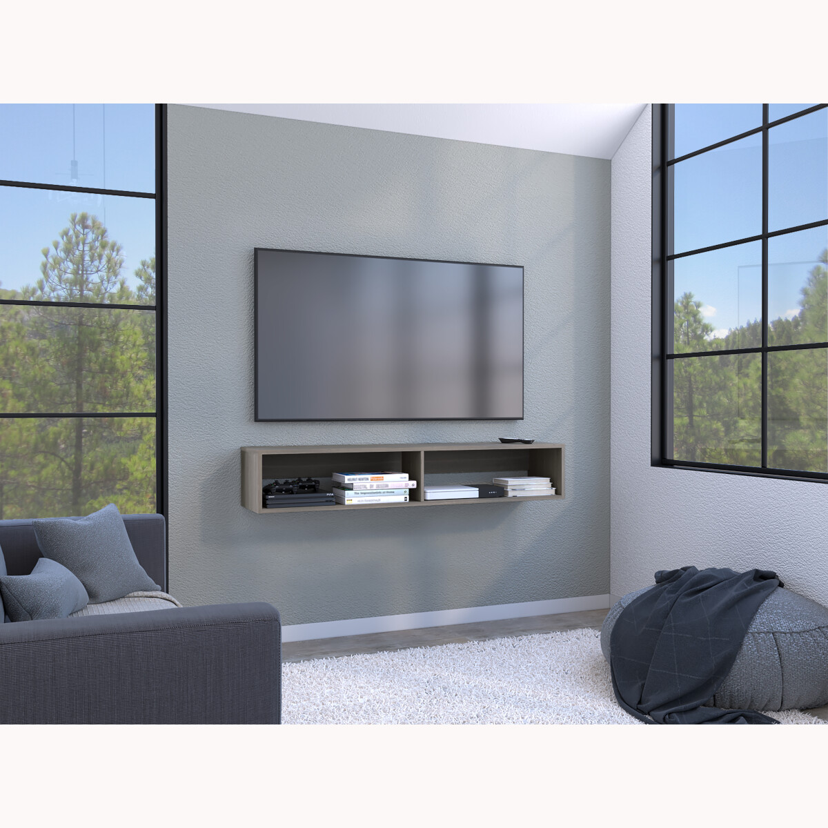 RACK TV ARMABLE TIPO STAND FLOTANTE PARA PANTALLA DE 55 PULGADAS.