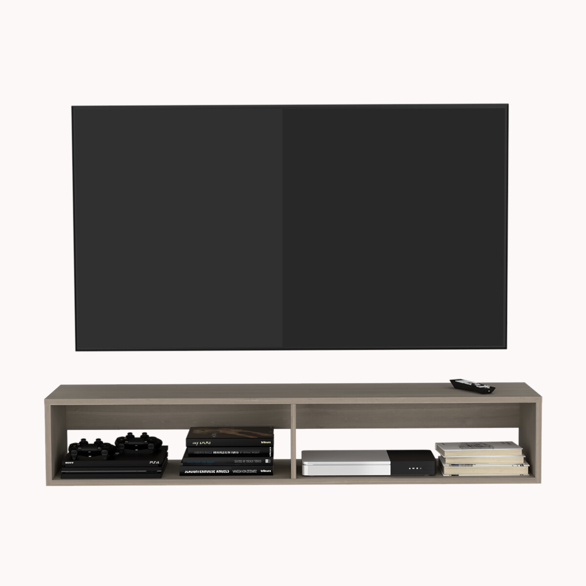 RACK TV ARMABLE TIPO STAND FLOTANTE PARA PANTALLA DE 55 PULGADAS.