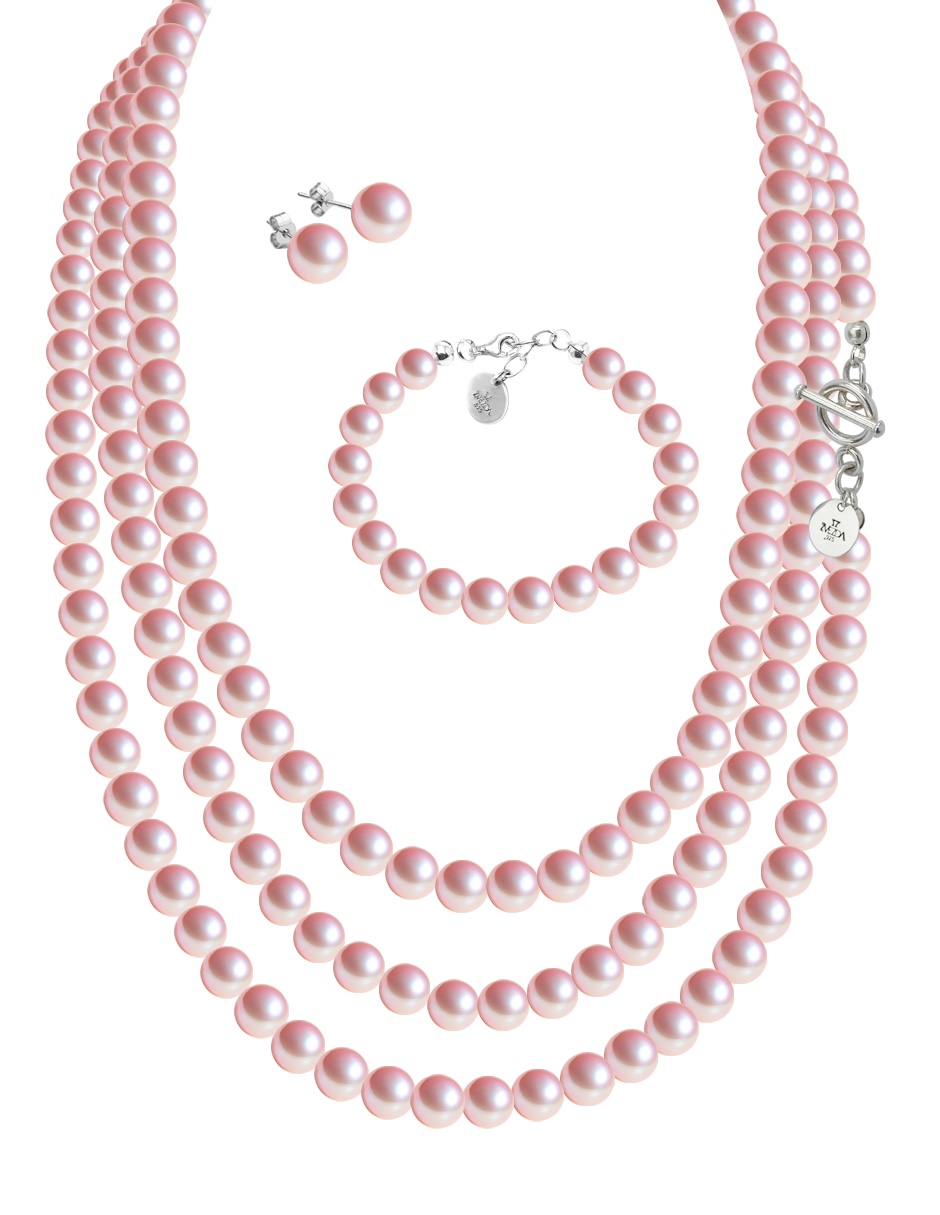 Collar, aretes y pulsera color Rosa Claro Zvezda de plata .925 corte Perlas de cristal.