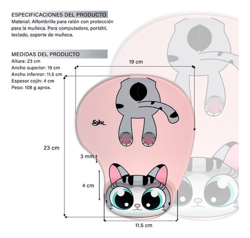 "Tapete Para Raton De Gel Ergonomico Caricaturas Gatos Kawaii Color Gatita Gris "