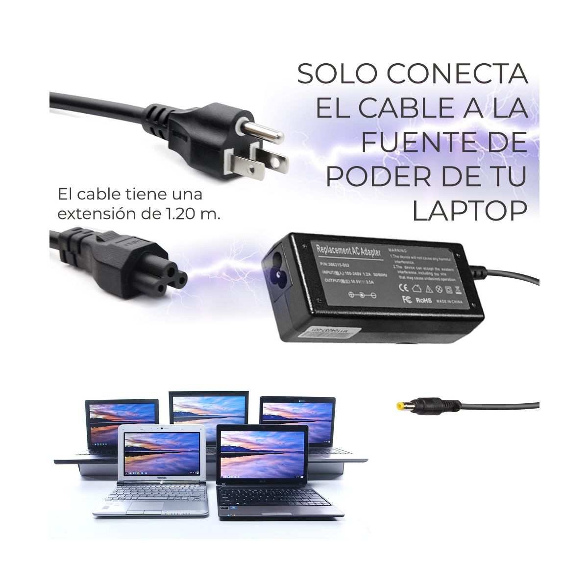 Cable De Corriente Trifasico Para Cargador de Laptop 1.5 metros.