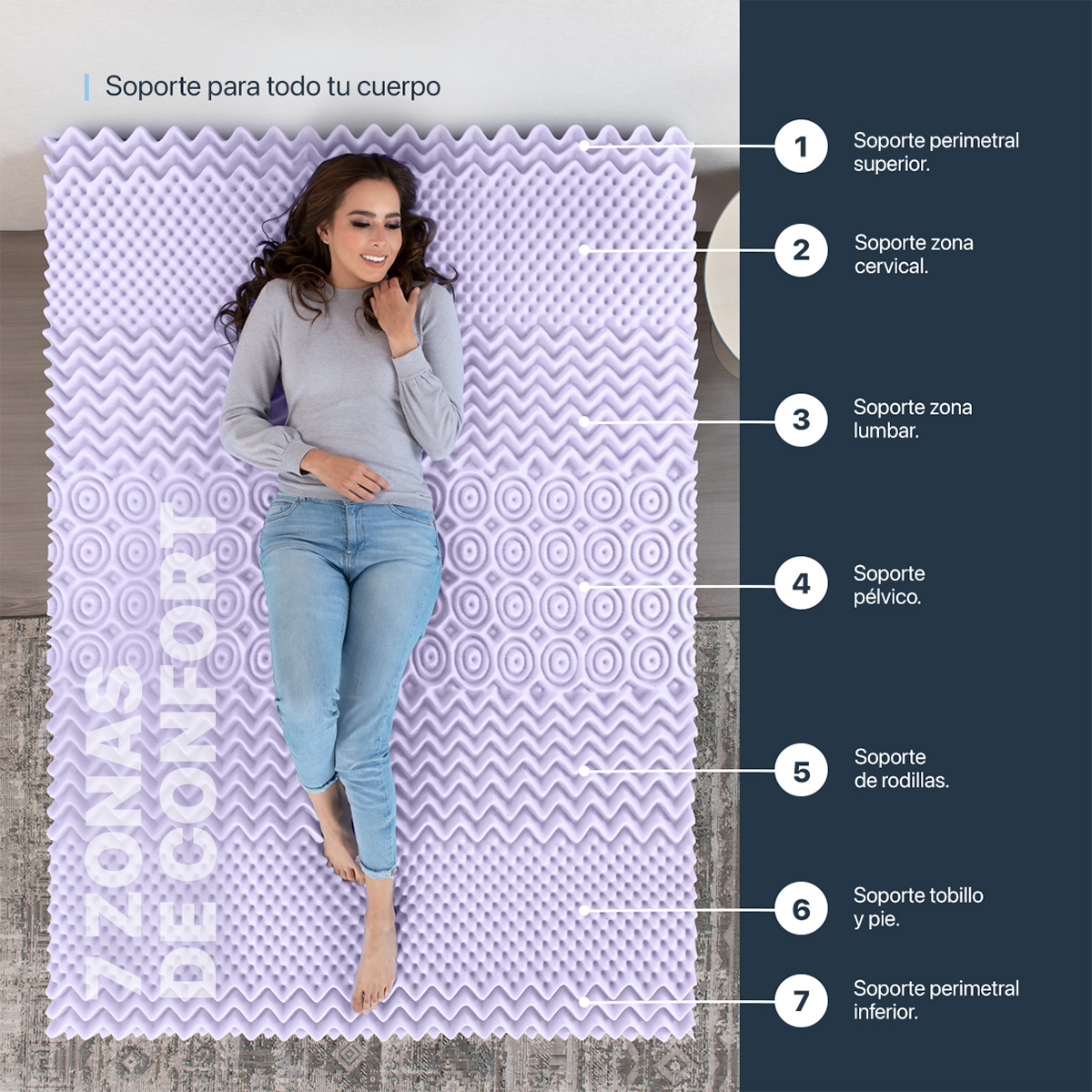 Colchoneta Matrimonial de Memory Foam Cubre Colchón Topper con 7 Zonas de Confort Sobrecolchón Lavanda ESQUIMAL.