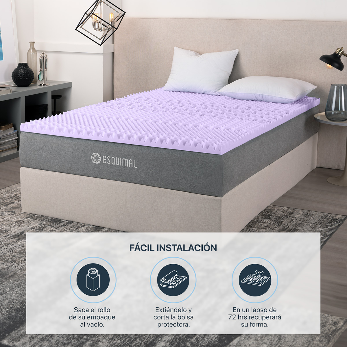 Colchoneta Matrimonial de Memory Foam Cubre Colchón Topper con 7 Zonas de Confort Sobrecolchón Lavanda ESQUIMAL.