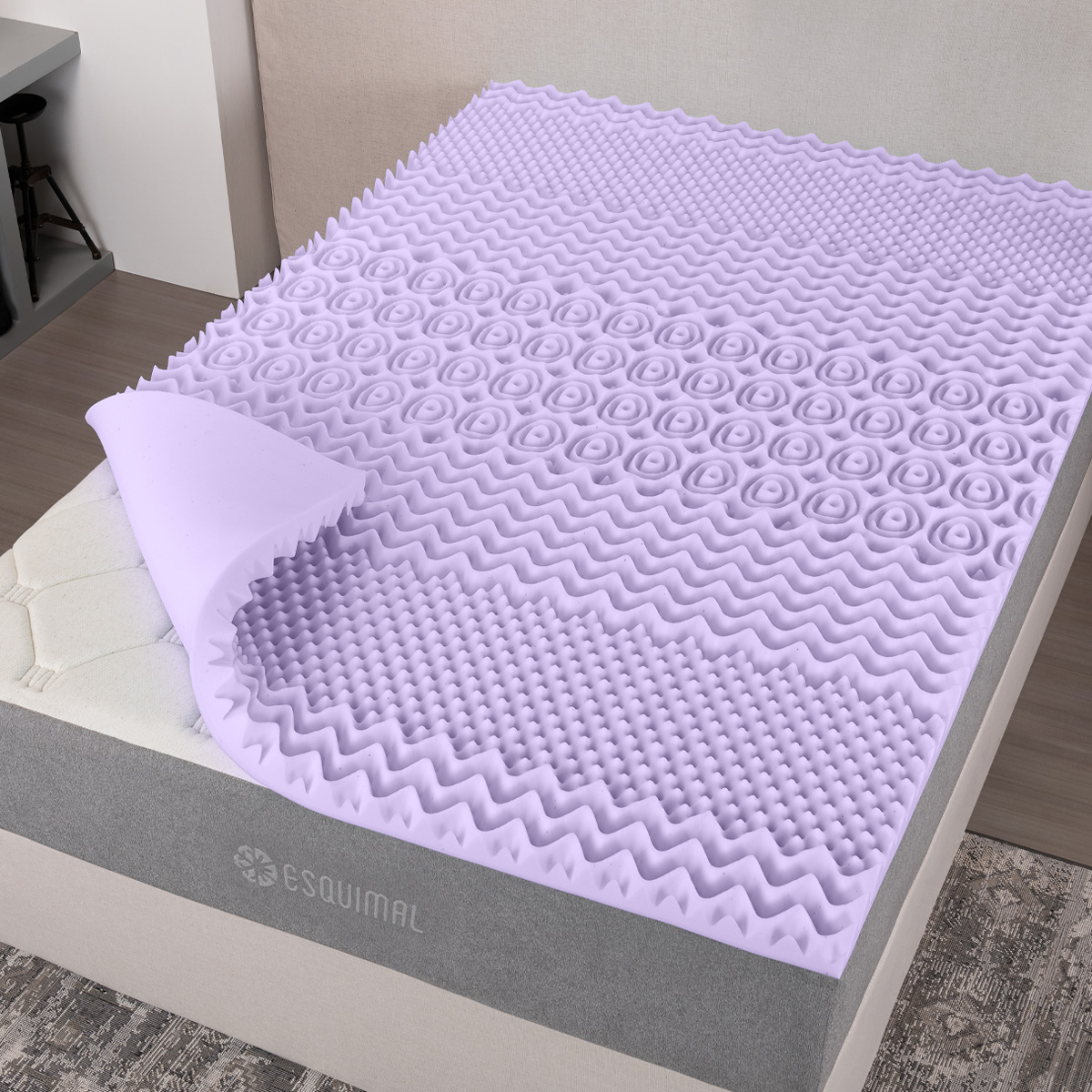 Colchoneta Matrimonial de Memory Foam Cubre Colchón Topper con 7 Zonas de Confort Sobrecolchón Lavanda ESQUIMAL.