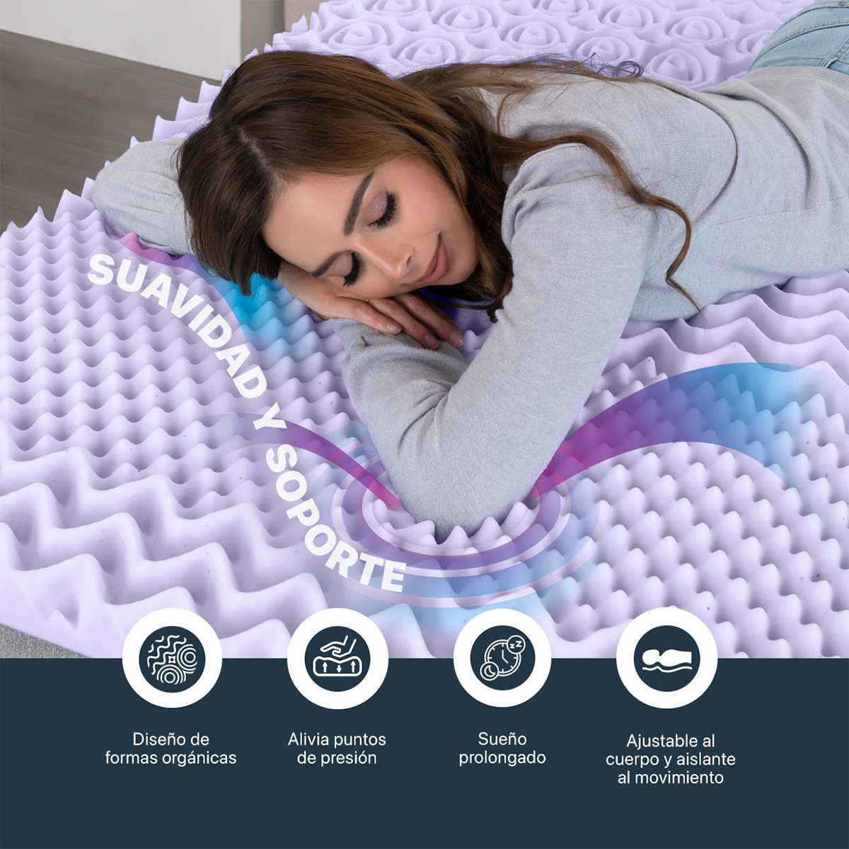Colchoneta Matrimonial de Memory Foam Cubre Colchón Topper con 7 Zonas de Confort Sobrecolchón Lavanda ESQUIMAL.