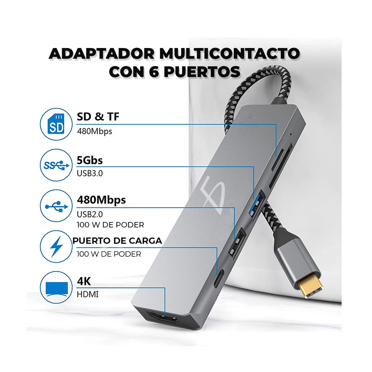 Hub USB Tipo C 3.0 Con 6 Diferentes Puertos Cuerpo Metalico.