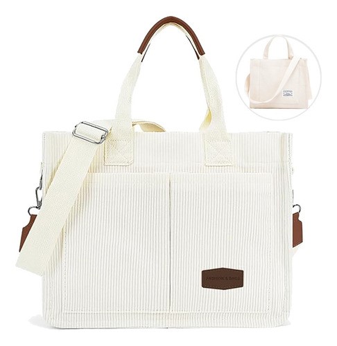 2 Uds Bolsas Tote De Pana Con Múltiples Bolsillos Para Mujer blanco.