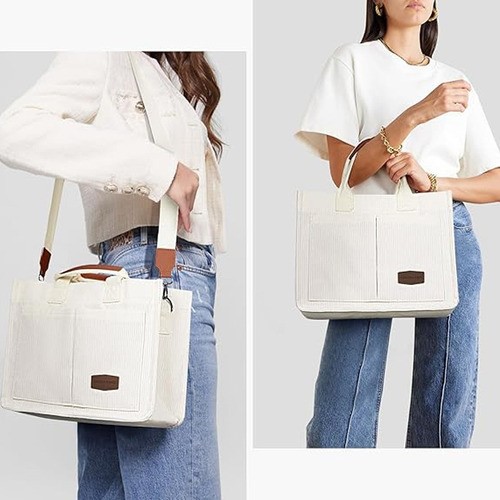 2 Uds Bolsas Tote De Pana Con Múltiples Bolsillos Para Mujer blanco.