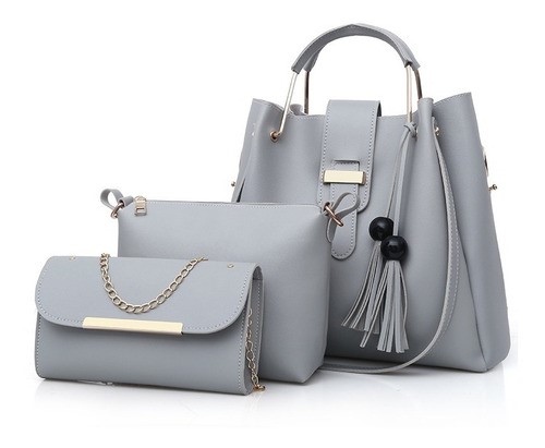 Set 3 Bolsas Mujer Borla Moda Cartera Crossbody Tote Hobo Pu Color gris