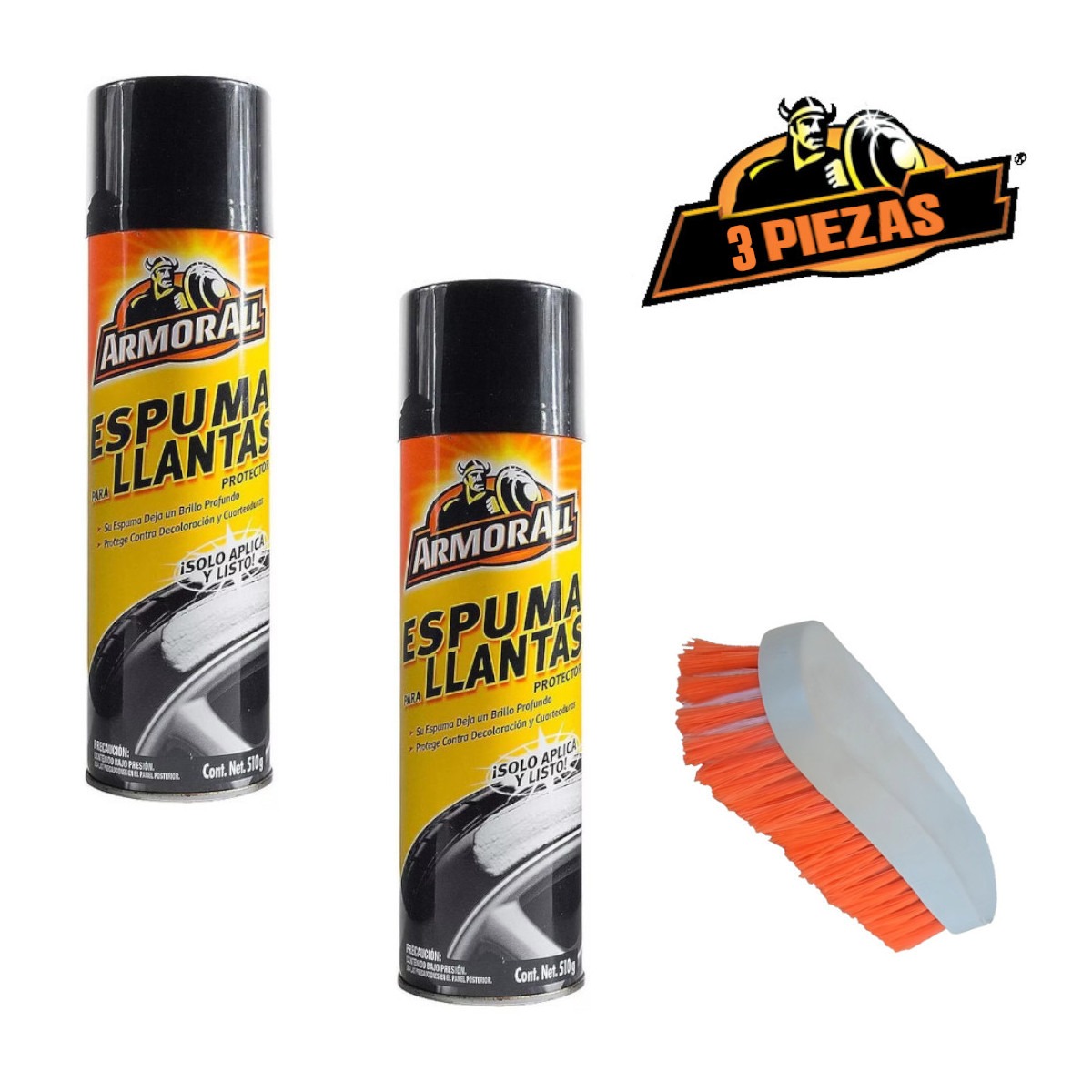 Kit 2pz Espuma llantas Armor All limpieza brillo con cepillo.