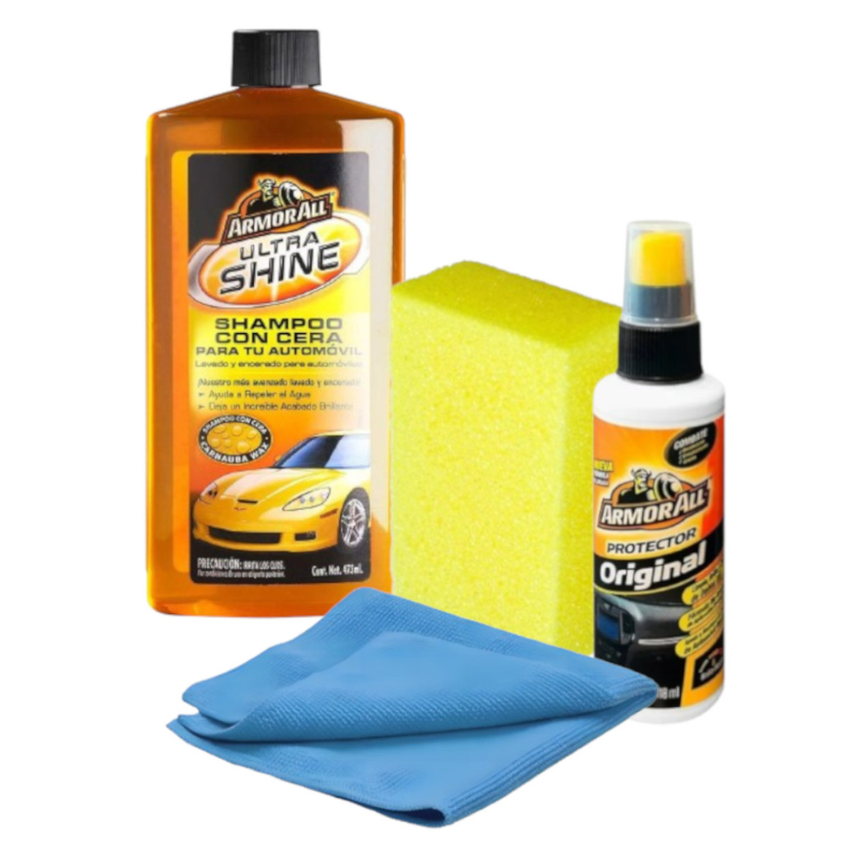 Shampoo y abrillantador Armor All con esponja paño limpieza.