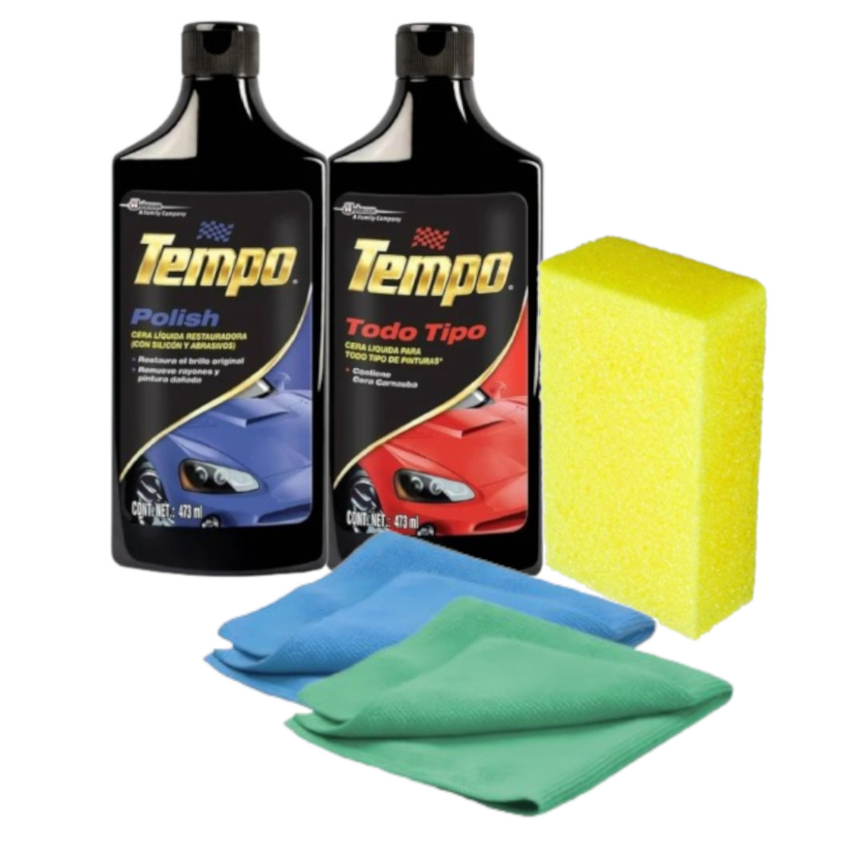 Cera líquida Tempo y cera líquida Polish + eponja y 2 paños.