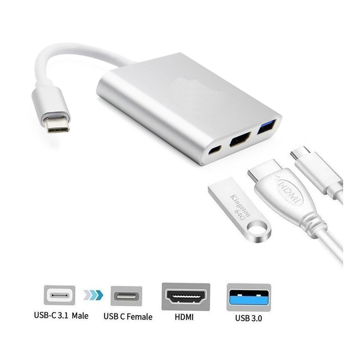 Adaptador Hub USB Tipo C 3 en 1 HDMI 4k USB 3.1 Tipo C Comatible con Macbook.