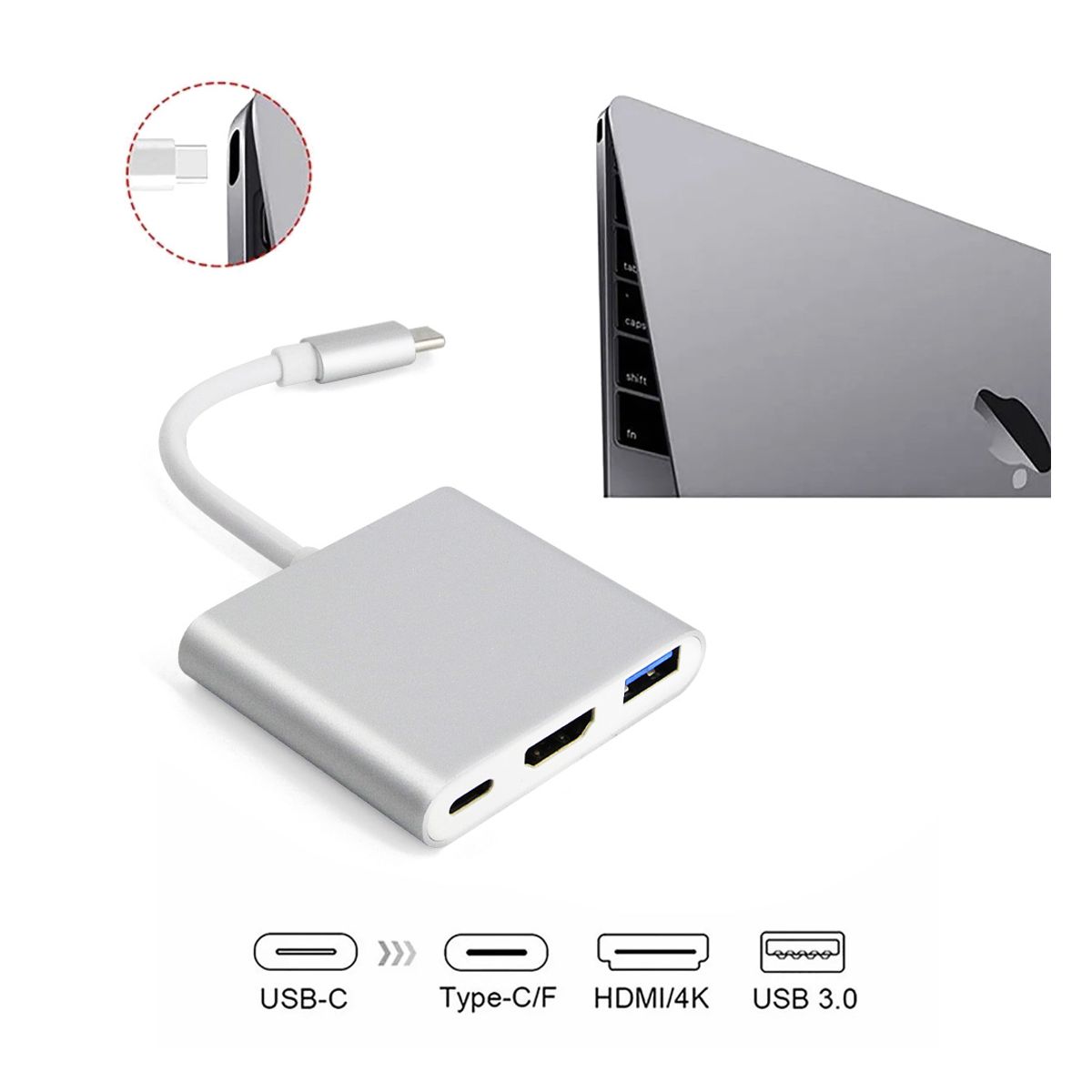 Adaptador Hub USB Tipo C 3 en 1 HDMI 4k USB 3.1 Tipo C Comatible con Macbook.