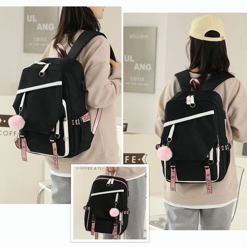 Mochila Kawaii Estilo Coreano Juvenil Moda Con Puerto Usb Rosa negro.