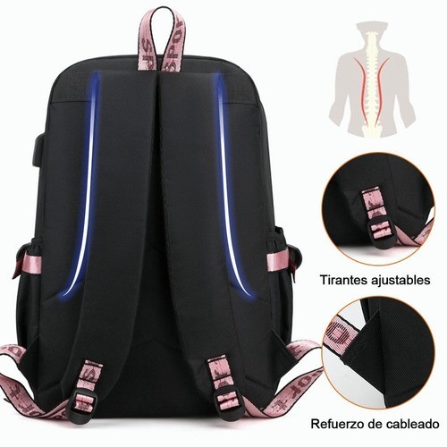 Mochila Kawaii Estilo Coreano Juvenil Moda Con Puerto Usb Rosa negro.
