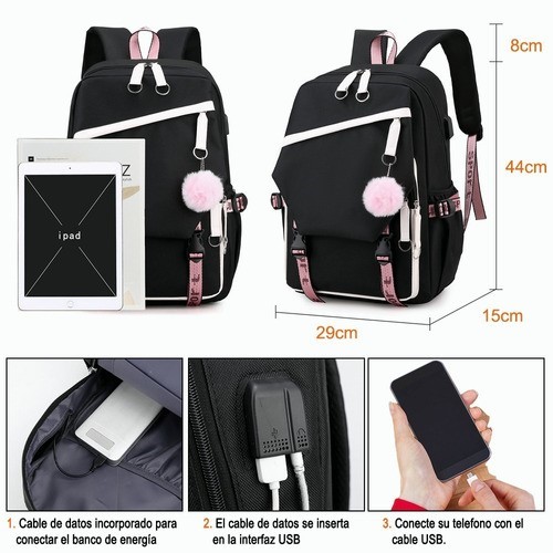 Mochila Kawaii Estilo Coreano Juvenil Moda Con Puerto Usb Rosa negro.