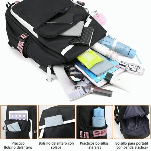 Mochila Kawaii Estilo Coreano Juvenil Moda Con Puerto Usb Rosa negro.