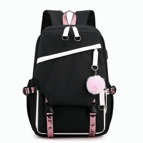 Mochila Kawaii Estilo Coreano Juvenil Moda Con Puerto Usb Rosa negro.