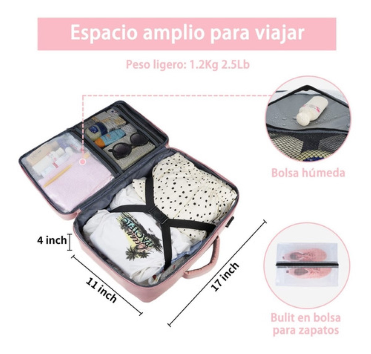 Mochila De Viaje Para Mujer, Aprobado Por Avión 10kg, Antirrobo rosa