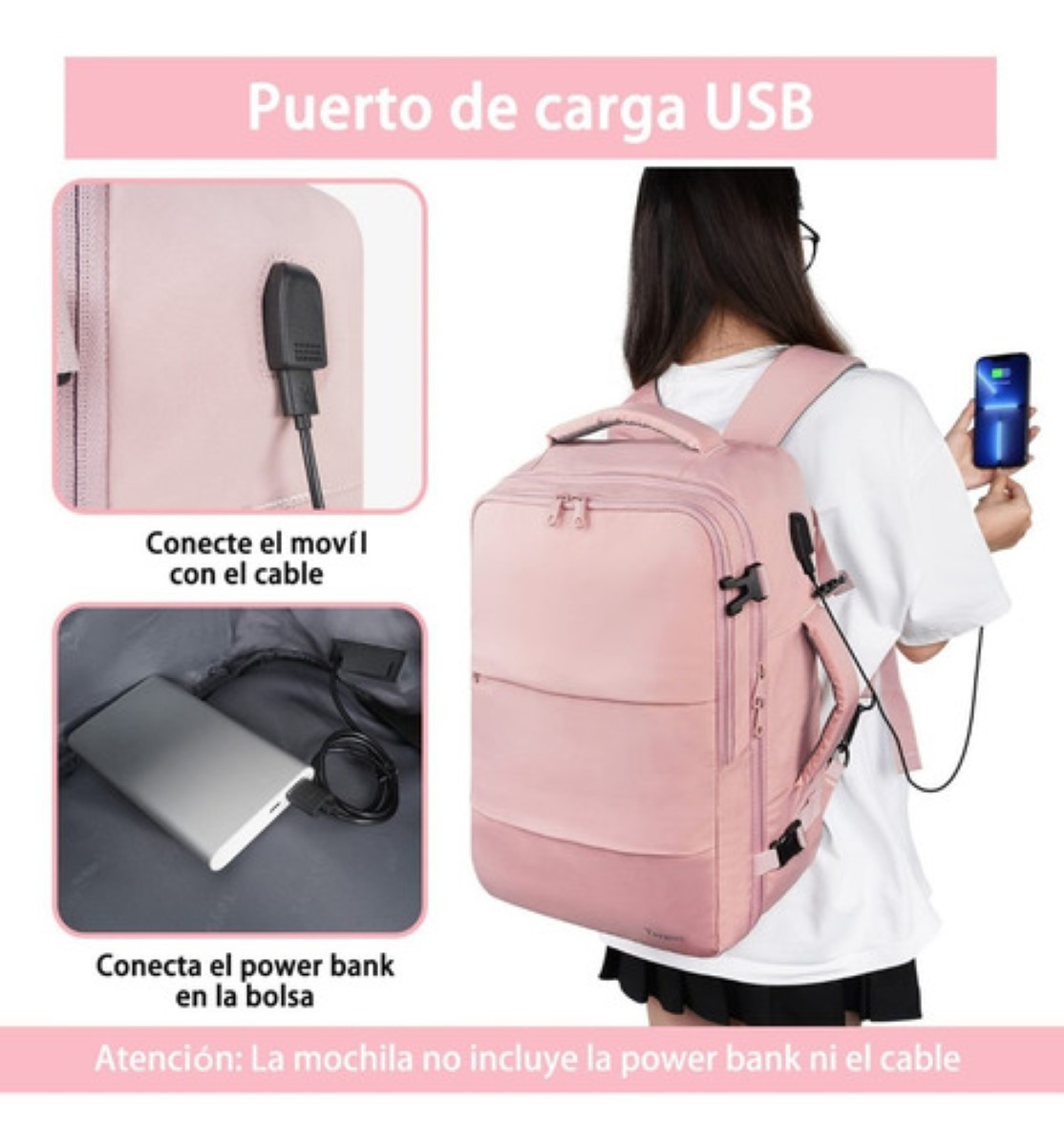 Mochila De Viaje Para Mujer, Aprobado Por Avión 10kg, Antirrobo rosa