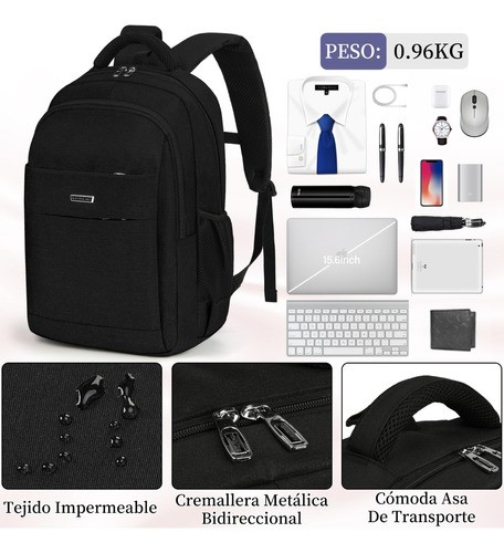 Mochila De Viaje Para Laptop De 15.6 Pulgadas, Grande De Negra