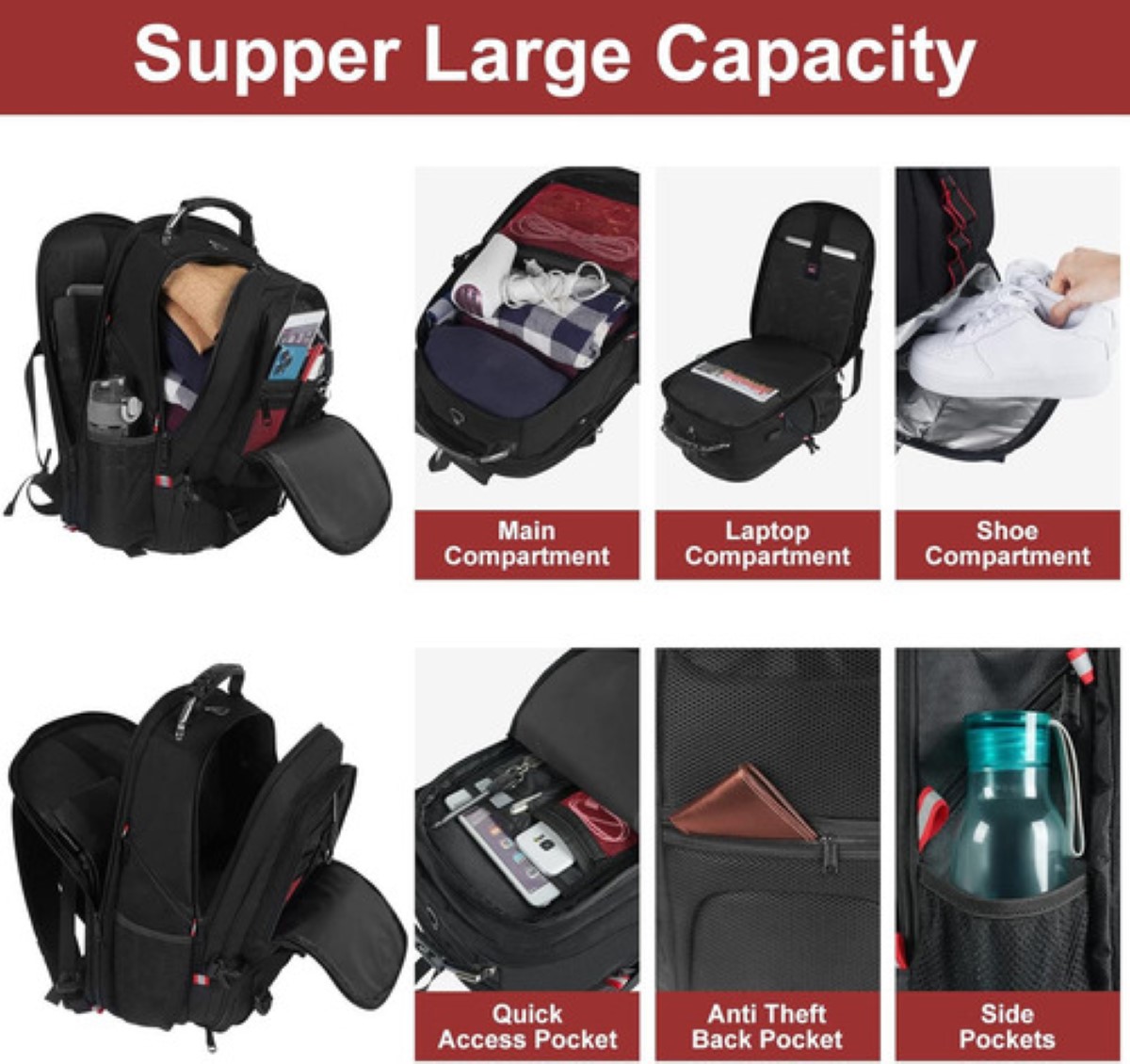 Mochila Gym Con Compartimento Para Zapatos de Viaje 50 L
