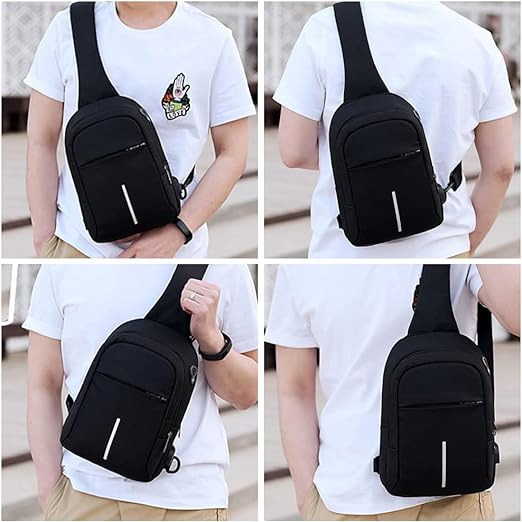 A VOICEPTT Mochila Cruzada Multifuncional para Hombre, Bolso de Pecho Impermeable con Puerto de Carga USB y de Auriculares para Senderismo, viaje, Cita, Actividades al Aire Libre.