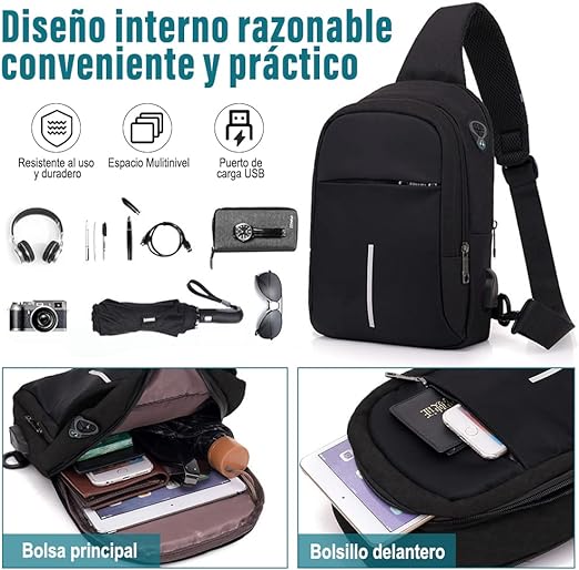 A VOICEPTT Mochila Cruzada Multifuncional para Hombre, Bolso de Pecho Impermeable con Puerto de Carga USB y de Auriculares para Senderismo, viaje, Cita, Actividades al Aire Libre.