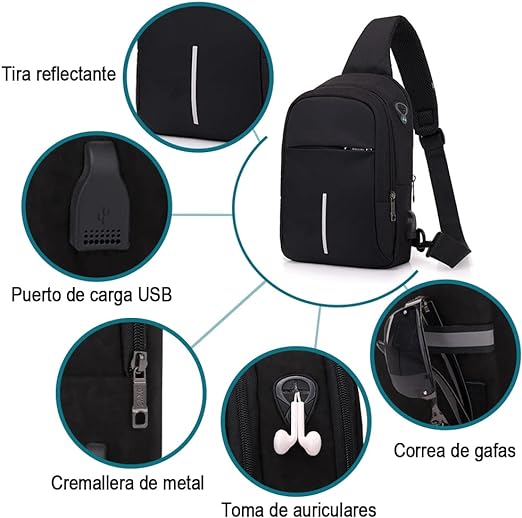 A VOICEPTT Mochila Cruzada Multifuncional para Hombre, Bolso de Pecho Impermeable con Puerto de Carga USB y de Auriculares para Senderismo, viaje, Cita, Actividades al Aire Libre.