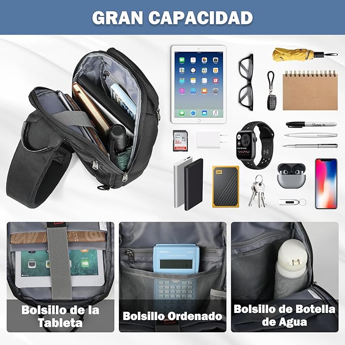 A RAINSMORE Bolso para Hombre Antirrobo Mochila Cruzada Impermeable y Ligera Bolso de Pecho Grande Bandolera Hombre Sling Bag para Caminar,Viajar, Actividades al Aire Libre.