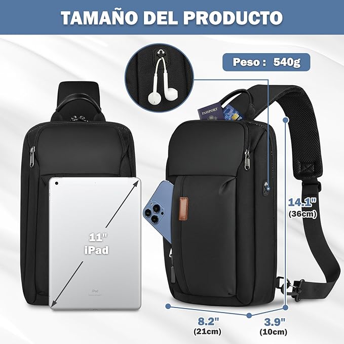 A RAINSMORE Bolso para Hombre Antirrobo Mochila Cruzada Impermeable y Ligera Bolso de Pecho Grande Bandolera Hombre Sling Bag para Caminar,Viajar, Actividades al Aire Libre.