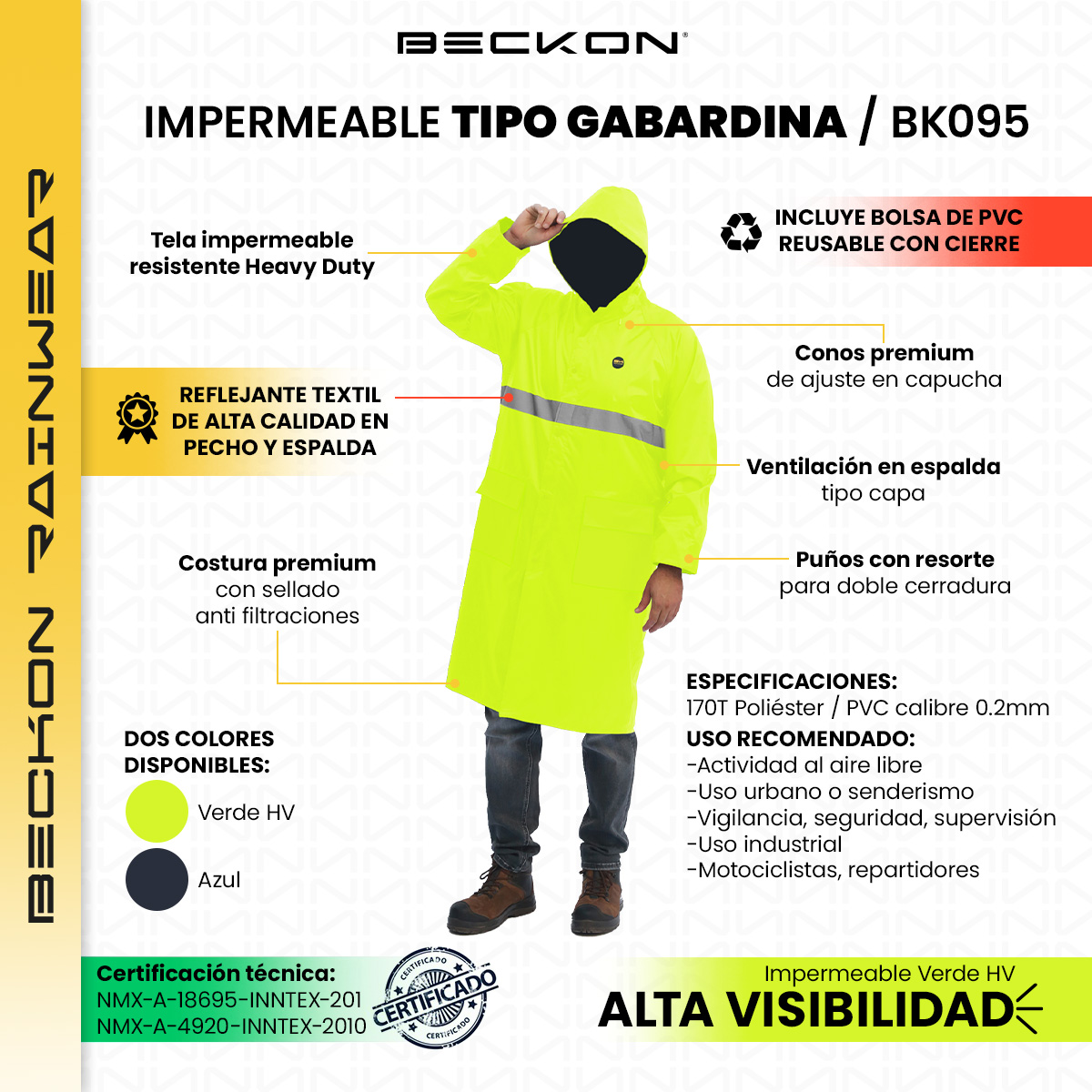 Impermeable gabardina largo para lluvias ligero premium unisex hombre mujer con reflejantes rainwear talla Extra Grande.