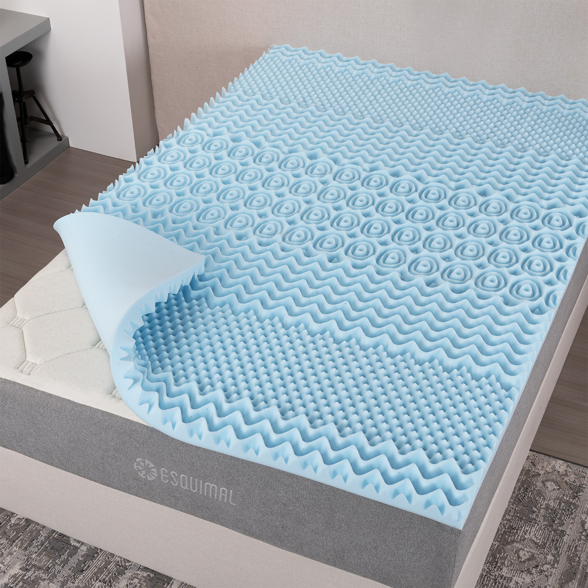 Colchoneta King Size de Memory Foam Cubre Colchón Topper con 7 Zonas de Confort Sobrecolchón Azul ESQUIMAL.