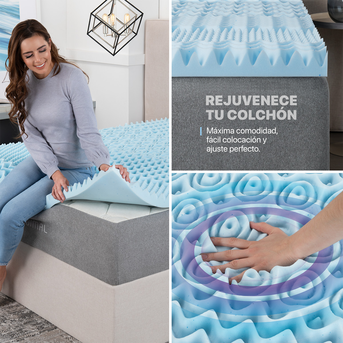 Colchoneta King Size de Memory Foam Cubre Colchón Topper con 7 Zonas de Confort Sobrecolchón Azul ESQUIMAL.