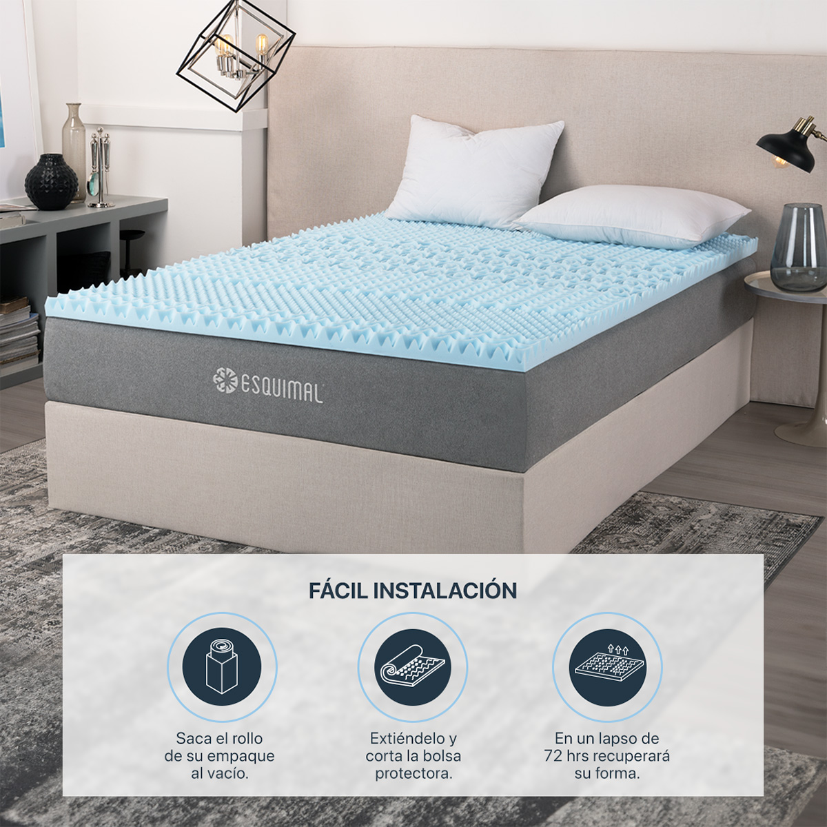 Colchoneta King Size de Memory Foam Cubre Colchón Topper con 7 Zonas de Confort Sobrecolchón Azul ESQUIMAL.