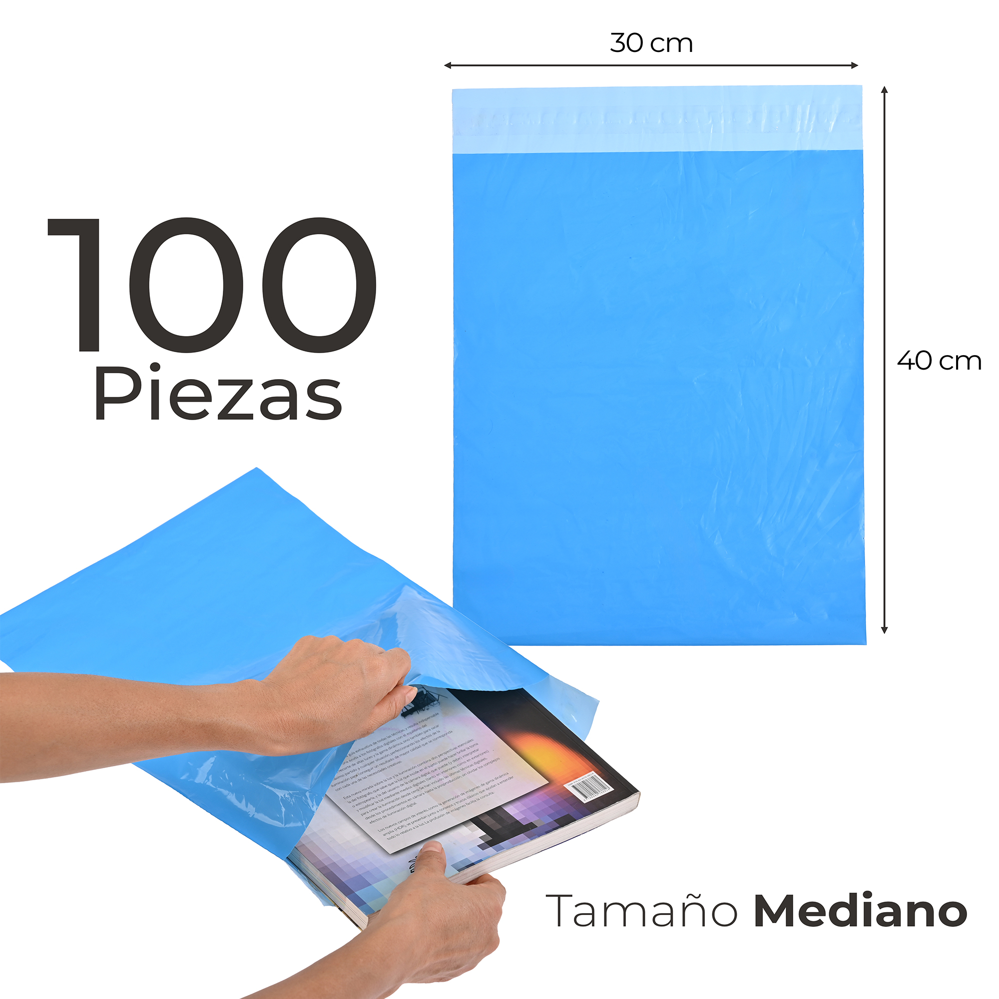 Paquete de 100 Piezas Bolsa Sobre Para Paquetería 30 X 40 Cm Tamaño MEDIANO Envíos E-Commerce, Mensajería, Adhesivo, Poly Plástico Resistente, Impermeable MOD:A023.