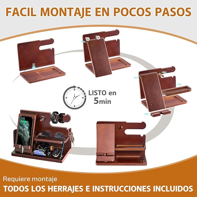 Organizador de Madera para Celular,2024 Nuevo Diseño,Organizador de Escritorio,Anillo,Anteojos,Relojes,Cartera,Accesorios para Hombre,Base de Celular para la Oficina y el Hogar,Regalos para Hombre.