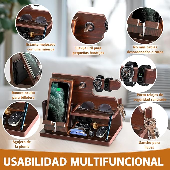 Organizador de Madera para Celular,2024 Nuevo Diseño,Organizador de Escritorio,Anillo,Anteojos,Relojes,Cartera,Accesorios para Hombre,Base de Celular para la Oficina y el Hogar,Regalos para Hombre.