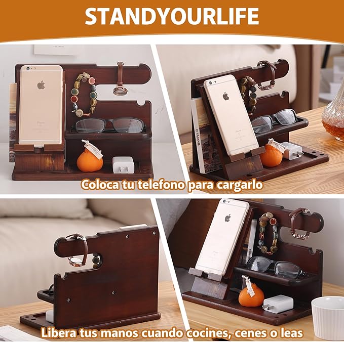 Organizador de Madera para Celular,2024 Nuevo Diseño,Organizador de Escritorio,Anillo,Anteojos,Relojes,Cartera,Accesorios para Hombre,Base de Celular para la Oficina y el Hogar,Regalos para Hombre.